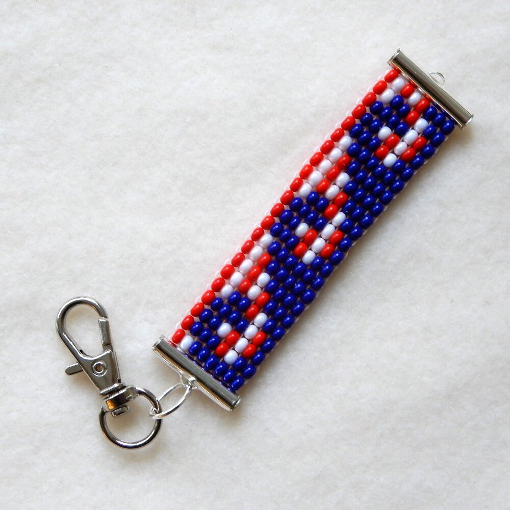 Red White & Blue Wave bead keychain / bag charm, handmade, seed beads, blue wave